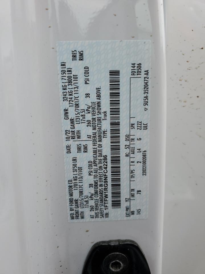 2022 Ford F150 Raptor VIN: 1FTFW1RG9NFC42286 Lot: 50575945