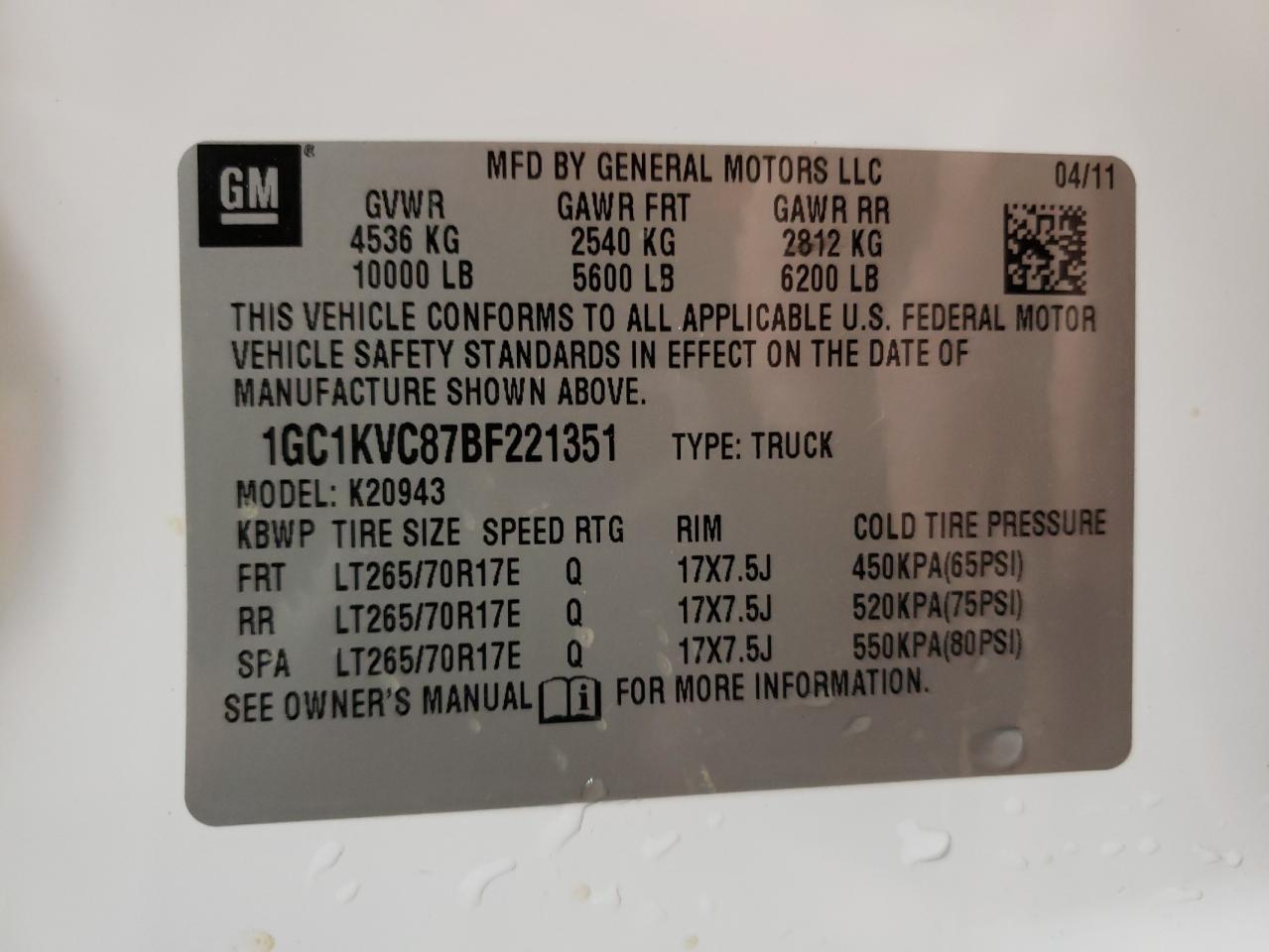 2011 Chevrolet Silverado K2500 Heavy Duty VIN: 1GC1KVC87BF221351 Lot: 48079365