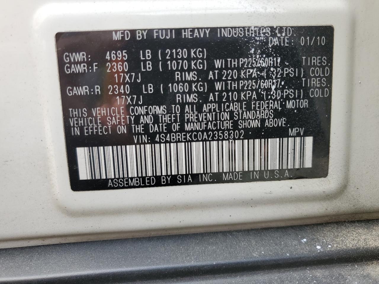 2010 Subaru Outback 3.6R Limited VIN: 4S4BREKC0A2358302 Lot: 49931195