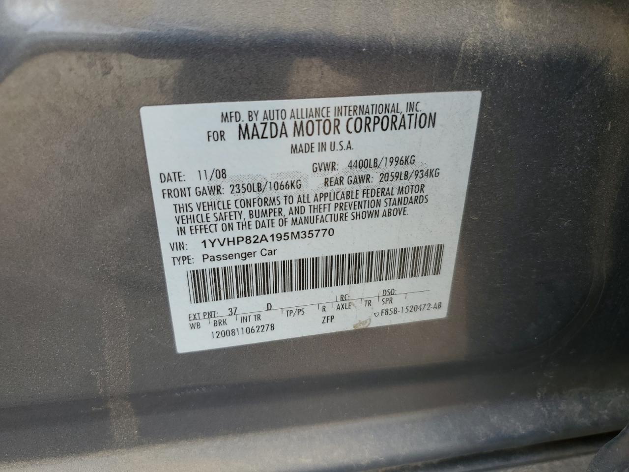 2009 Mazda 6 I VIN: 1YVHP82A195M35770 Lot: 48988655