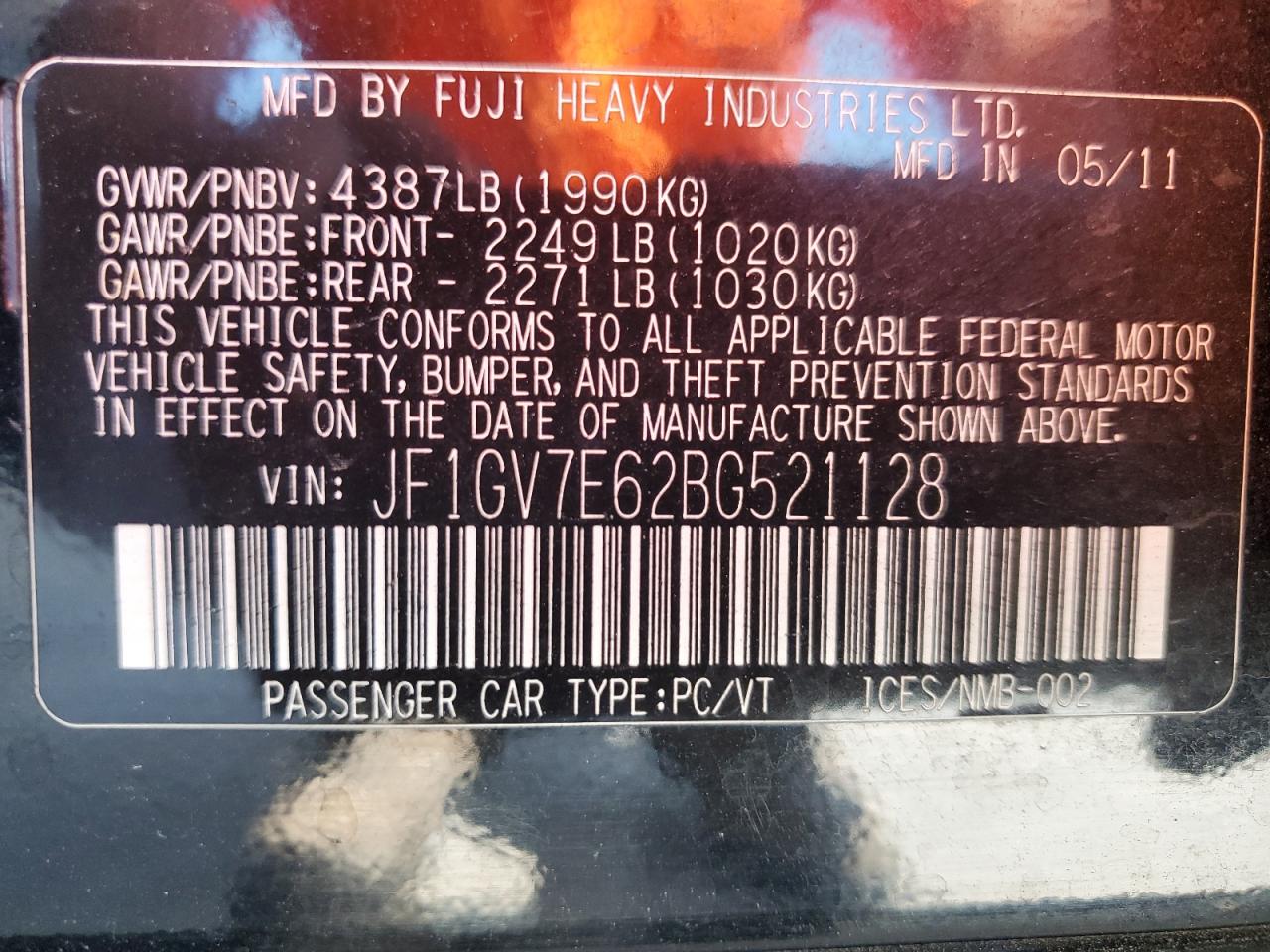 2011 Subaru Impreza Wrx VIN: JF1GV7E62BG521128 Lot: 50316825