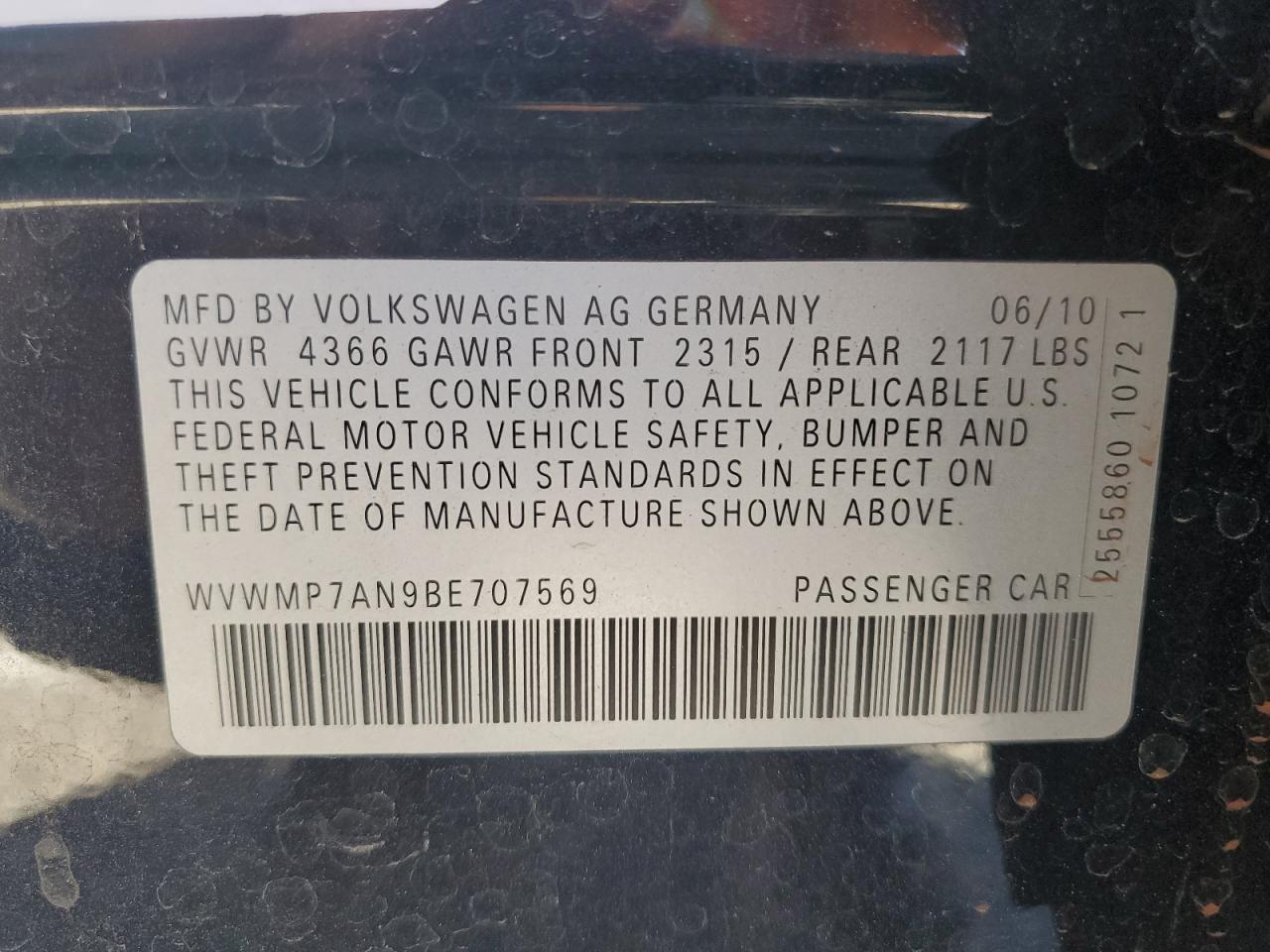 2011 Volkswagen Cc Sport VIN: WVWMP7AN9BE707569 Lot: 50265745