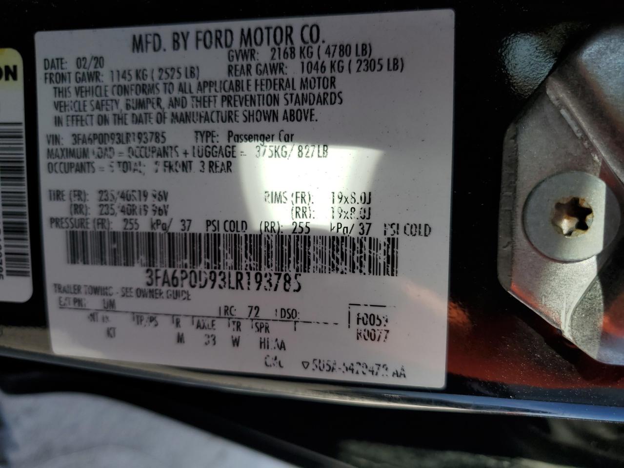 2020 Ford Fusion Titanium VIN: 3FA6P0D93LR193785 Lot: 88748205