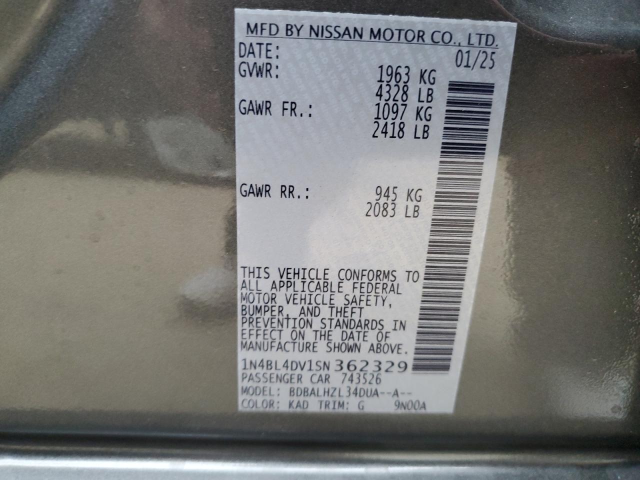 2025 Nissan Altima Sv VIN: 1N4BL4DV1SN362329 Lot: 48257095