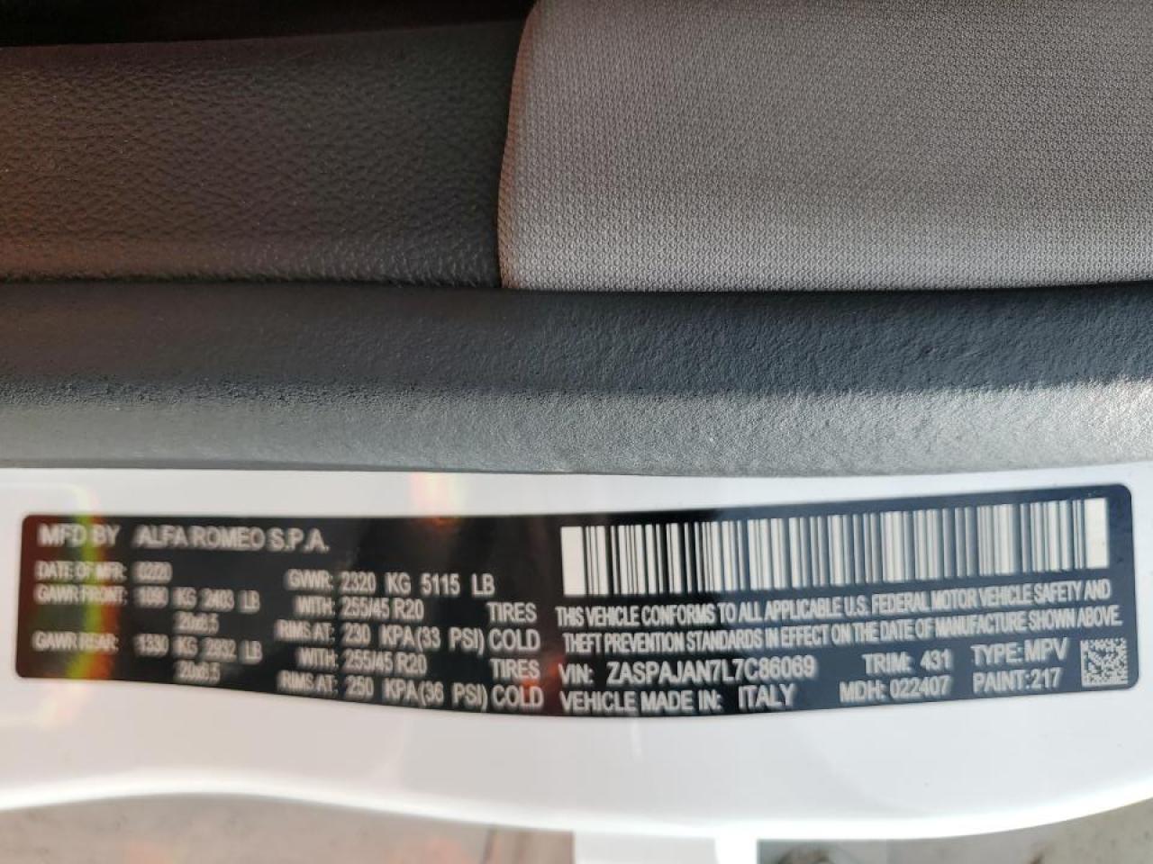 2020 Alfa Romeo Stelvio VIN: ZASPAJAN7L7C86069 Lot: 47800385