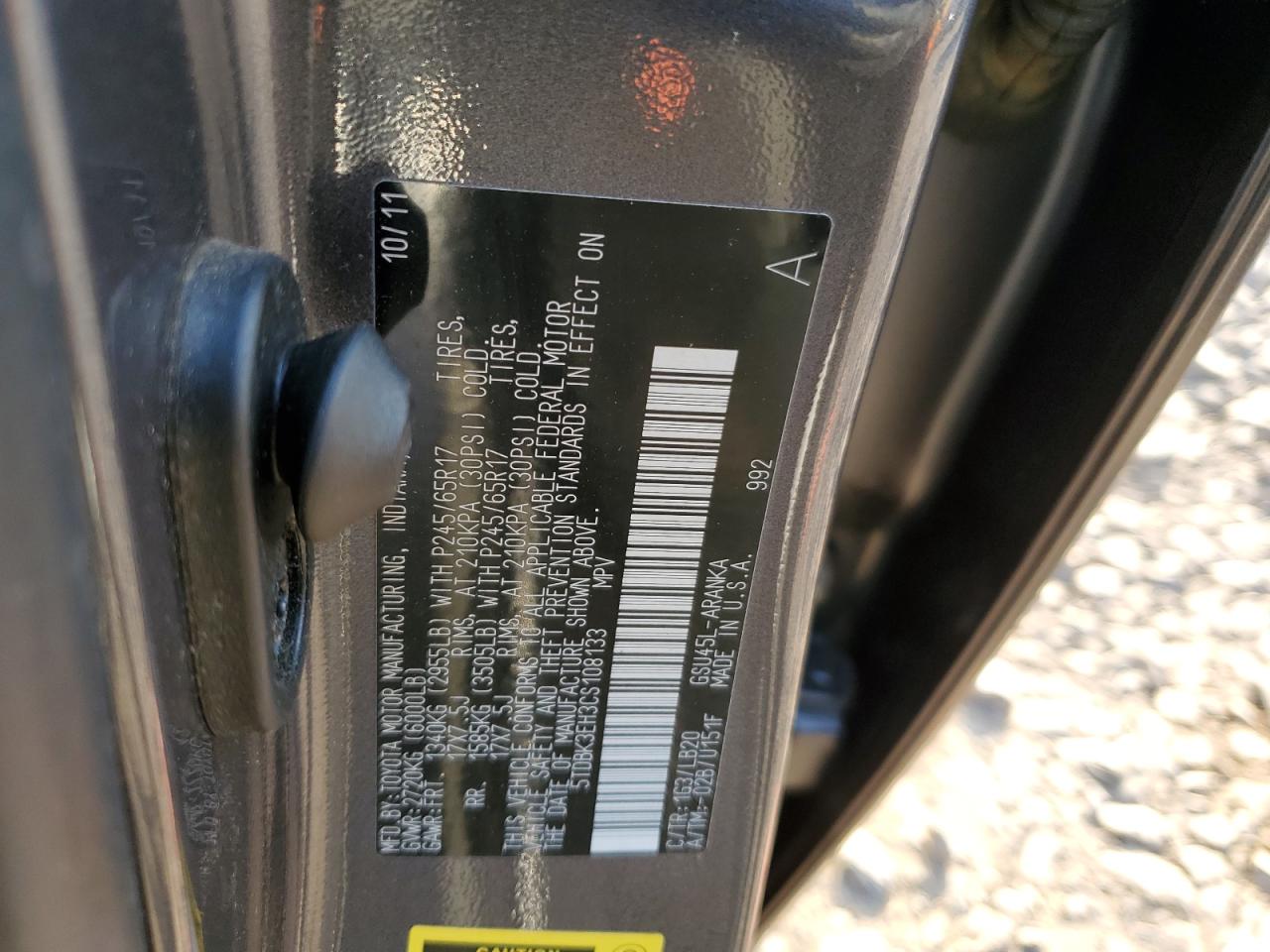 2012 Toyota Highlander Base VIN: PA-MCH1805 Lot: 47326825