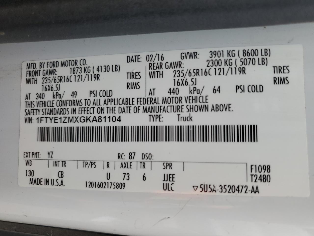 2016 Ford Transit T-150 VIN: 1FTYE1ZMXGKA81104 Lot: 48951065