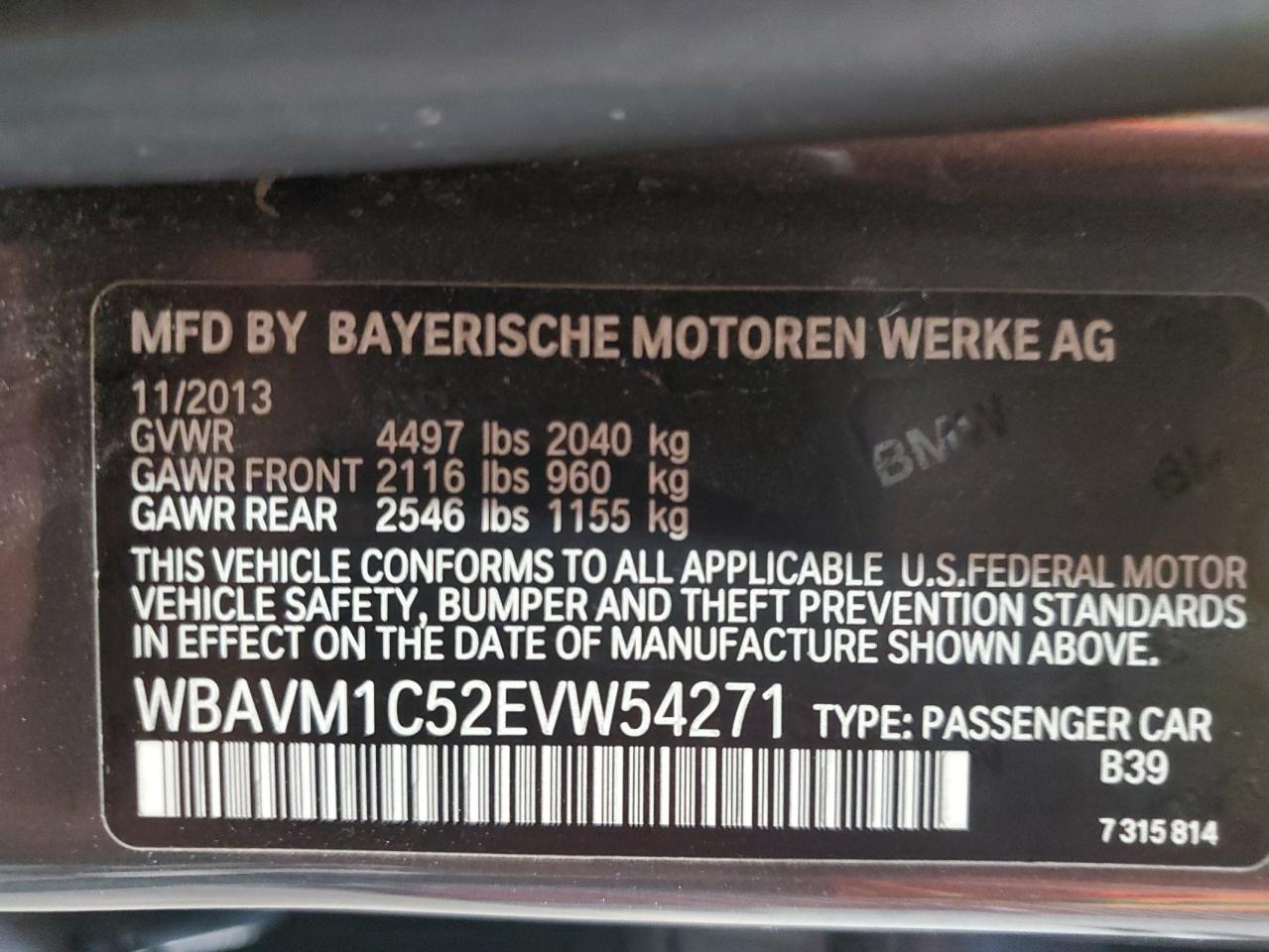 2014 BMW X1 Sdrive28I VIN: WBAVM1C52EVW54271 Lot: 50174025
