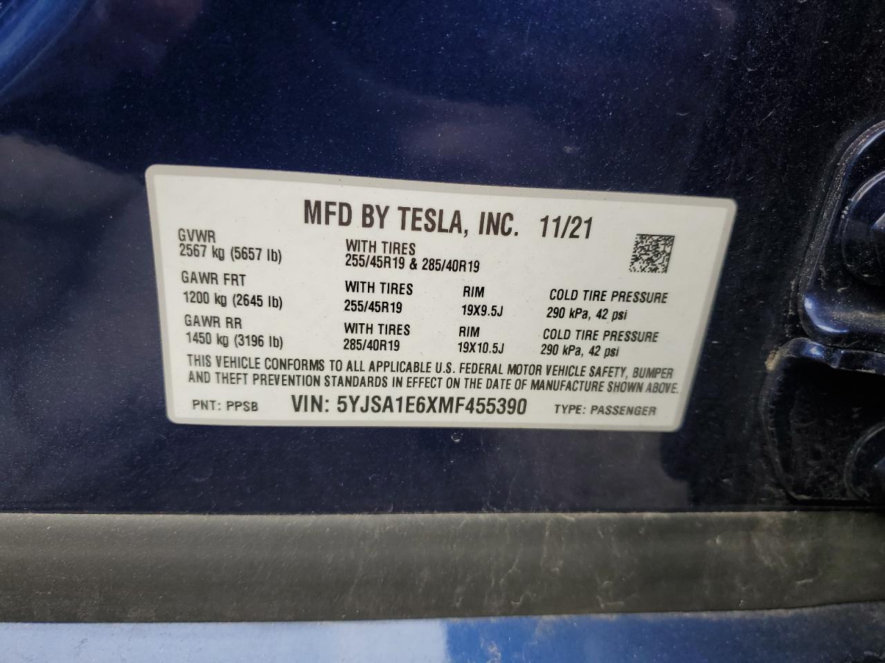 2021 Tesla Model S VIN: 5YJSA1E6XMF455390 Lot: 47919105