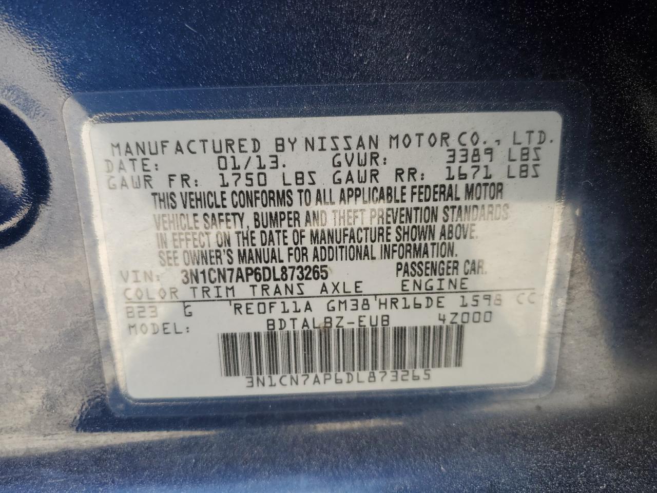 2013 Nissan Versa S VIN: 3N1CN7AP6DL873265 Lot: 49288545