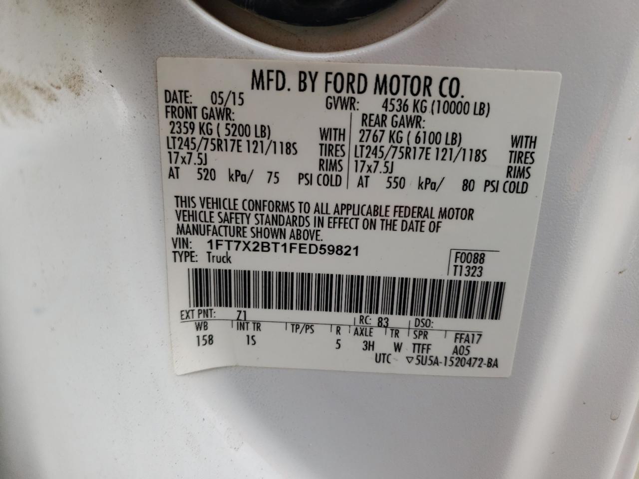 2015 Ford F250 Super Duty VIN: 1FT7X2BT1FED59821 Lot: 50061905