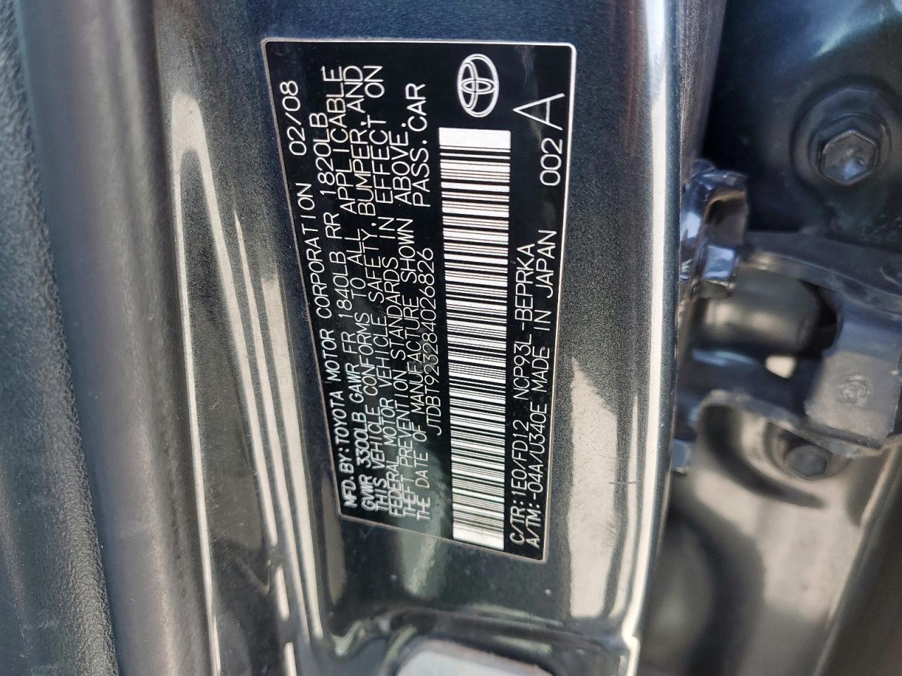 2008 Toyota Yaris VIN: JTDBT923284026826 Lot: 49808705