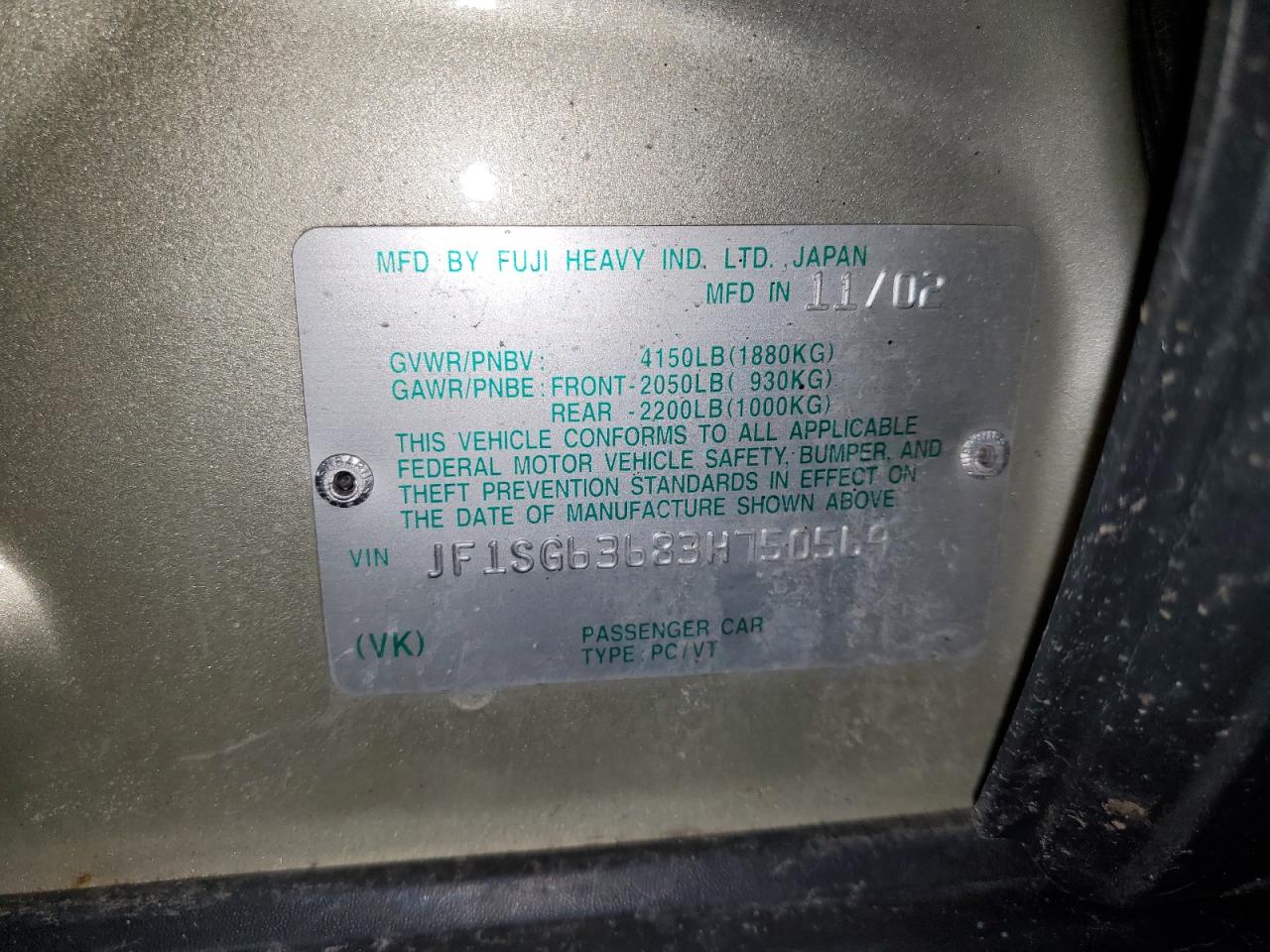 2003 Subaru Forester 2.5X VIN: JF1SG63683H750569 Lot: 50075065