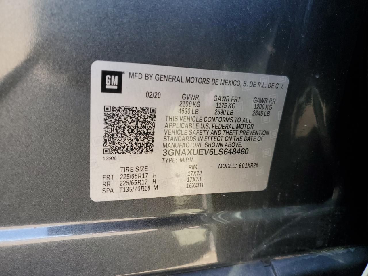 2020 Chevrolet Equinox Lt VIN: 3GNAXUEV6LS648460 Lot: 50593775