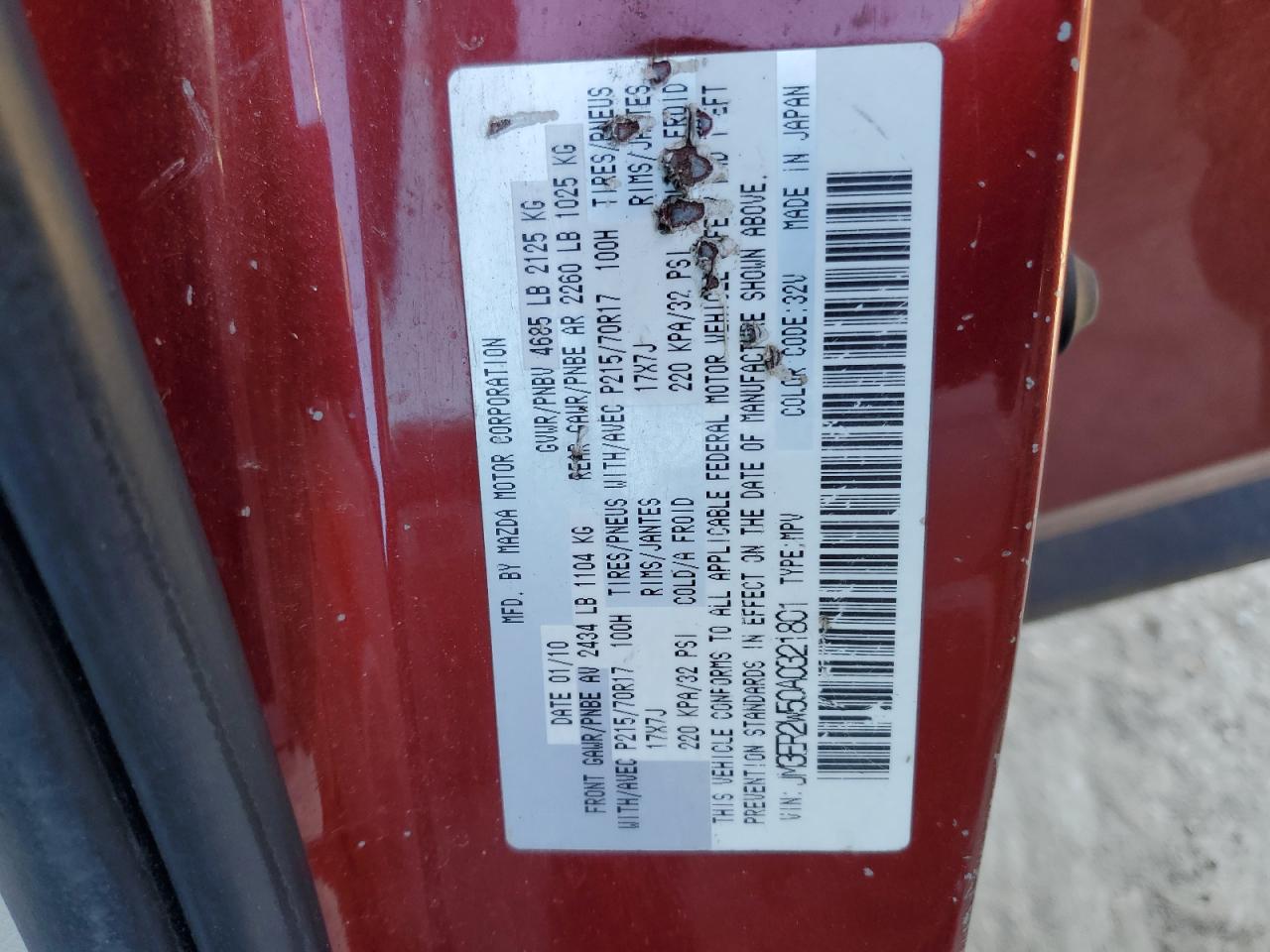 2010 Mazda Cx-7 VIN: JM3ER2W50A0321801 Lot: 43617125