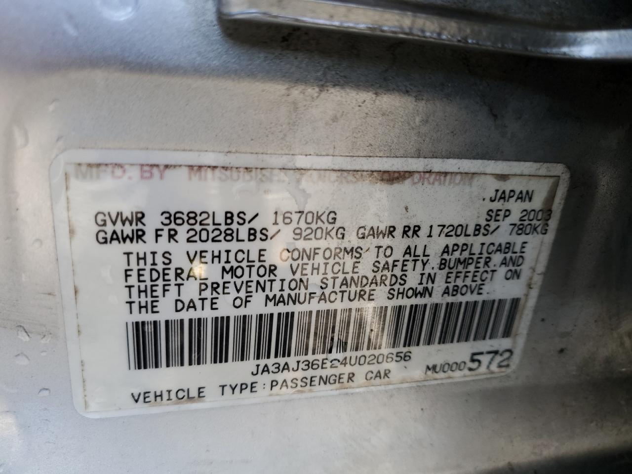 2004 Mitsubishi Lancer Ls VIN: JA3AJ36E24U020656 Lot: 50809275