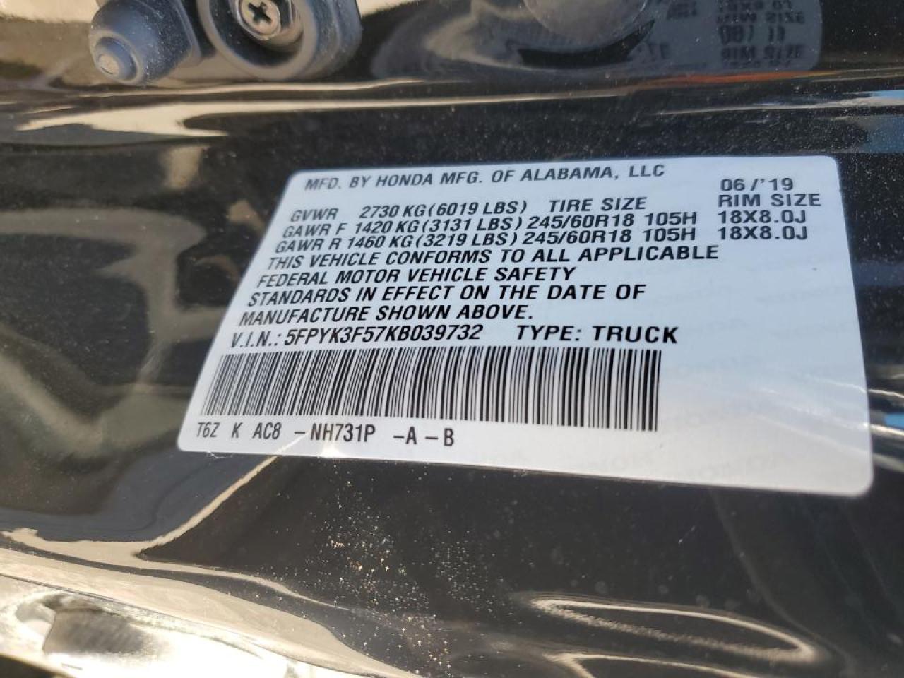 2019 Honda Ridgeline Rtl VIN: 5FPYK3F57KB039732 Lot: 49378375