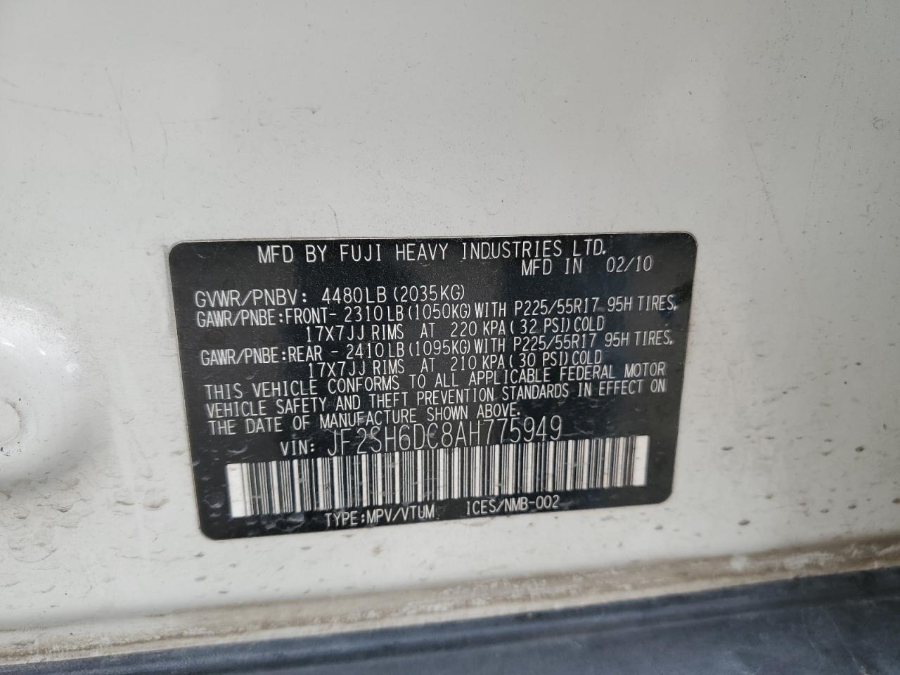 2010 Subaru Forester 2.5X Limited VIN: JF2SH6DC8AH775949 Lot: 50201525