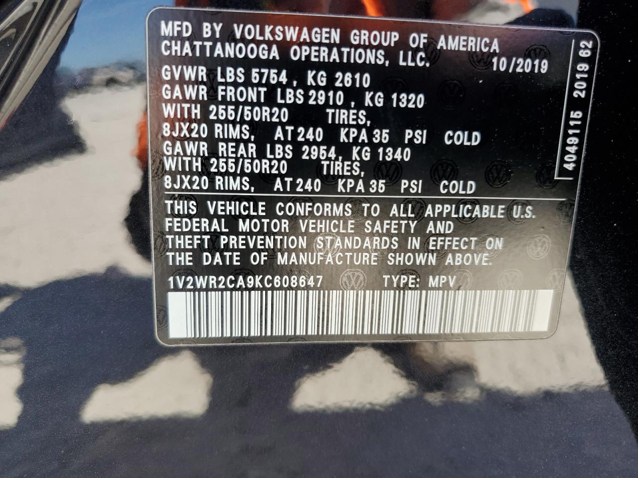 2019 Volkswagen Atlas Se VIN: 1V2WR2CA9KC608647 Lot: 48336245