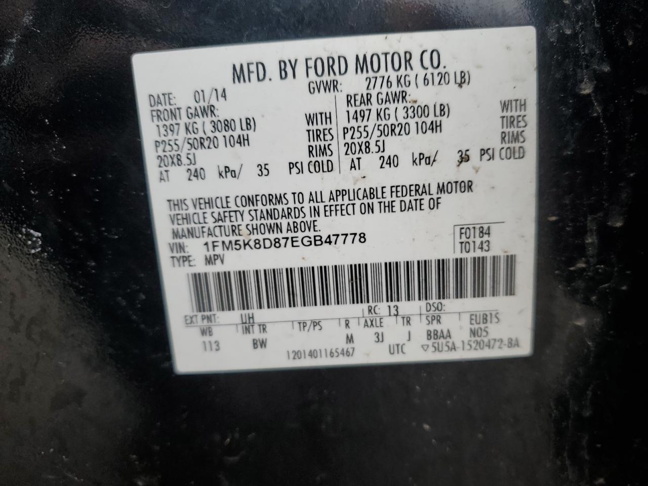 2014 Ford Explorer Xlt VIN: 1FM5K8D87EGB47778 Lot: 50548525