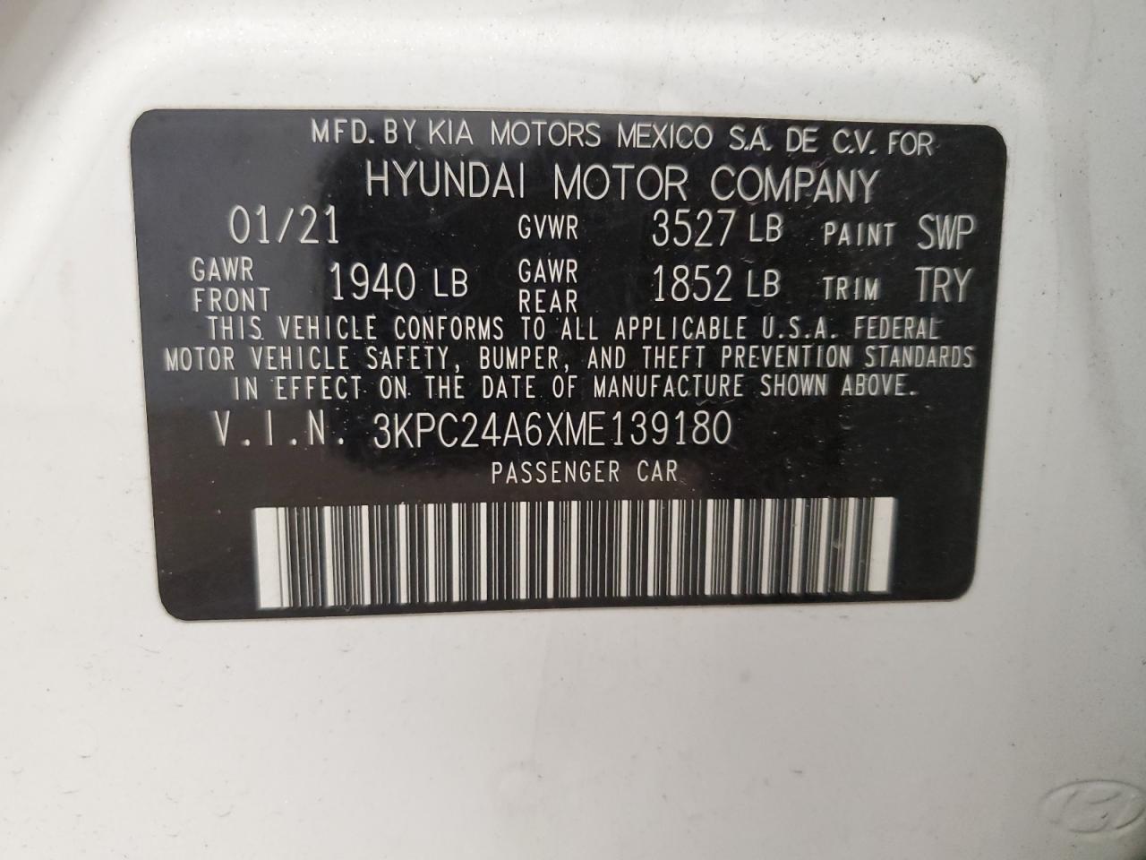2021 Hyundai Accent Se VIN: 3KPC24A6XME139180 Lot: 50074825