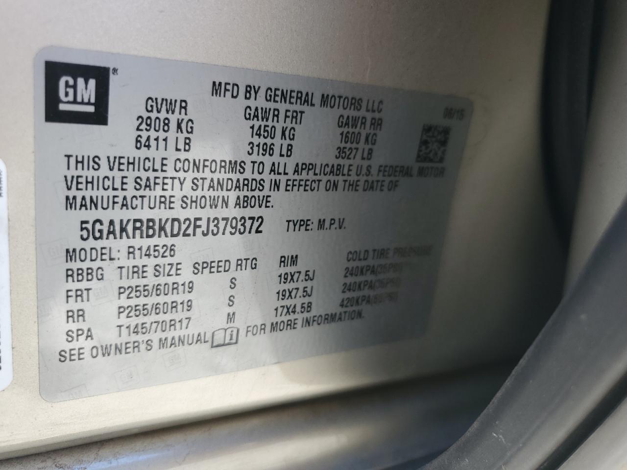 2015 Buick Enclave VIN: 5GAKRBKD2FJ379372 Lot: 48842375