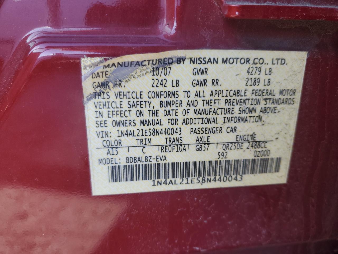 2008 Nissan Altima 2.5 VIN: 1N4AL21E58N440043 Lot: 50379115