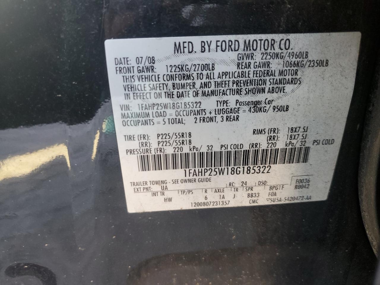 2008 Ford Taurus Limited VIN: 1FAHP25W18G185322 Lot: 48683085