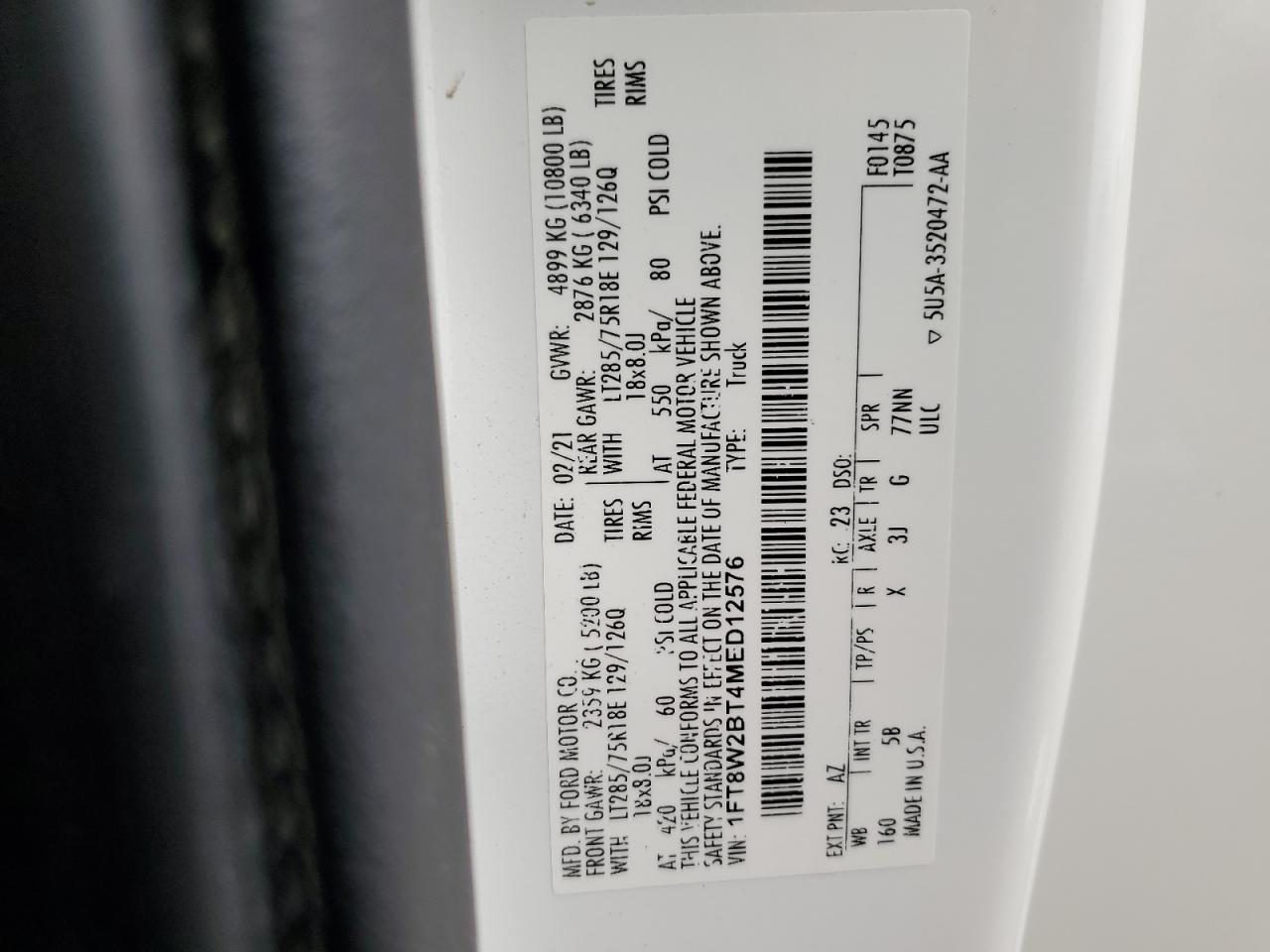 2021 Ford F250 Super Duty VIN: 1FT8W2BT4MED12576 Lot: 50819165