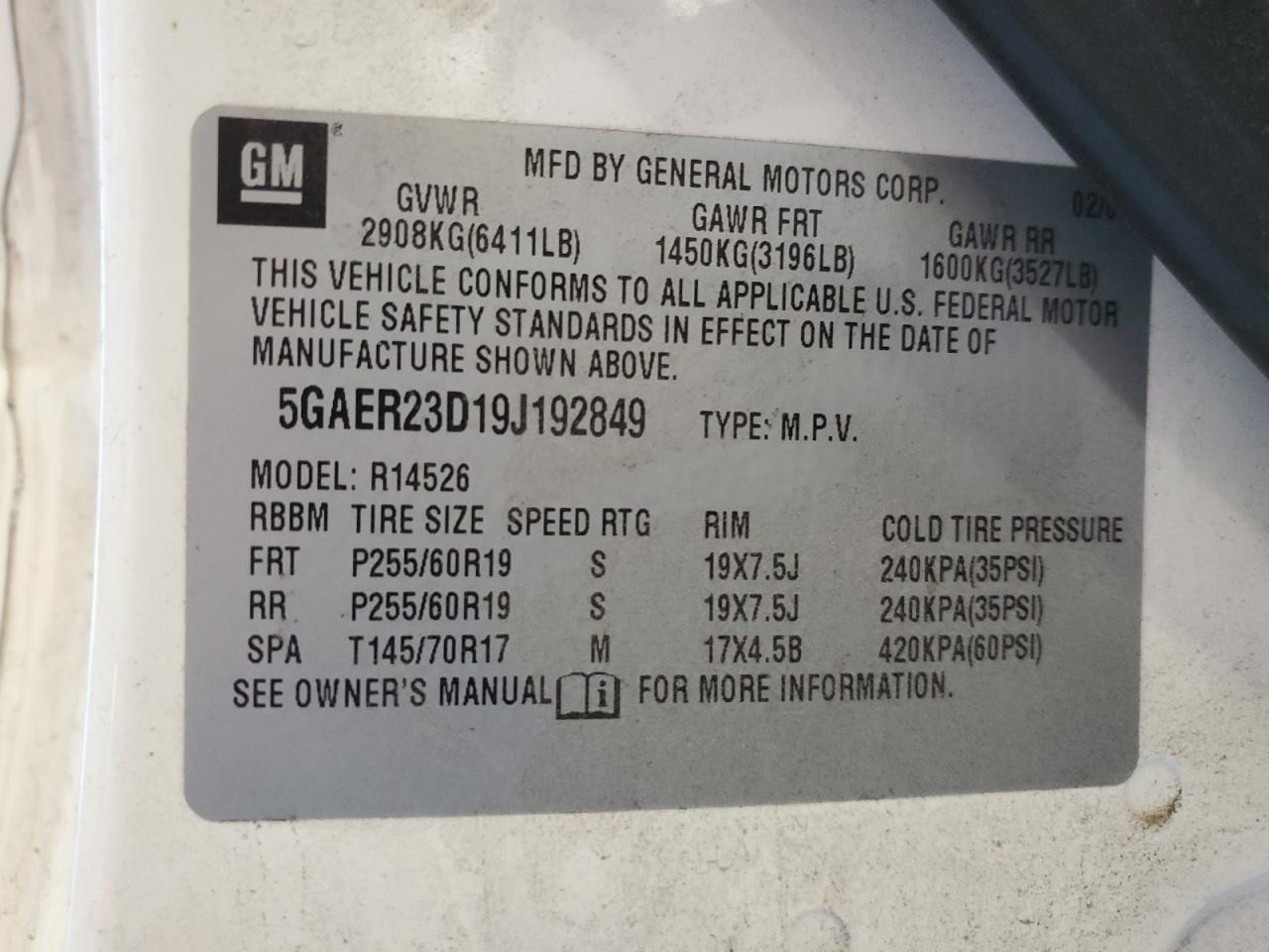 2009 Buick Enclave Cxl VIN: 5GAER23D19J192849 Lot: 48740995