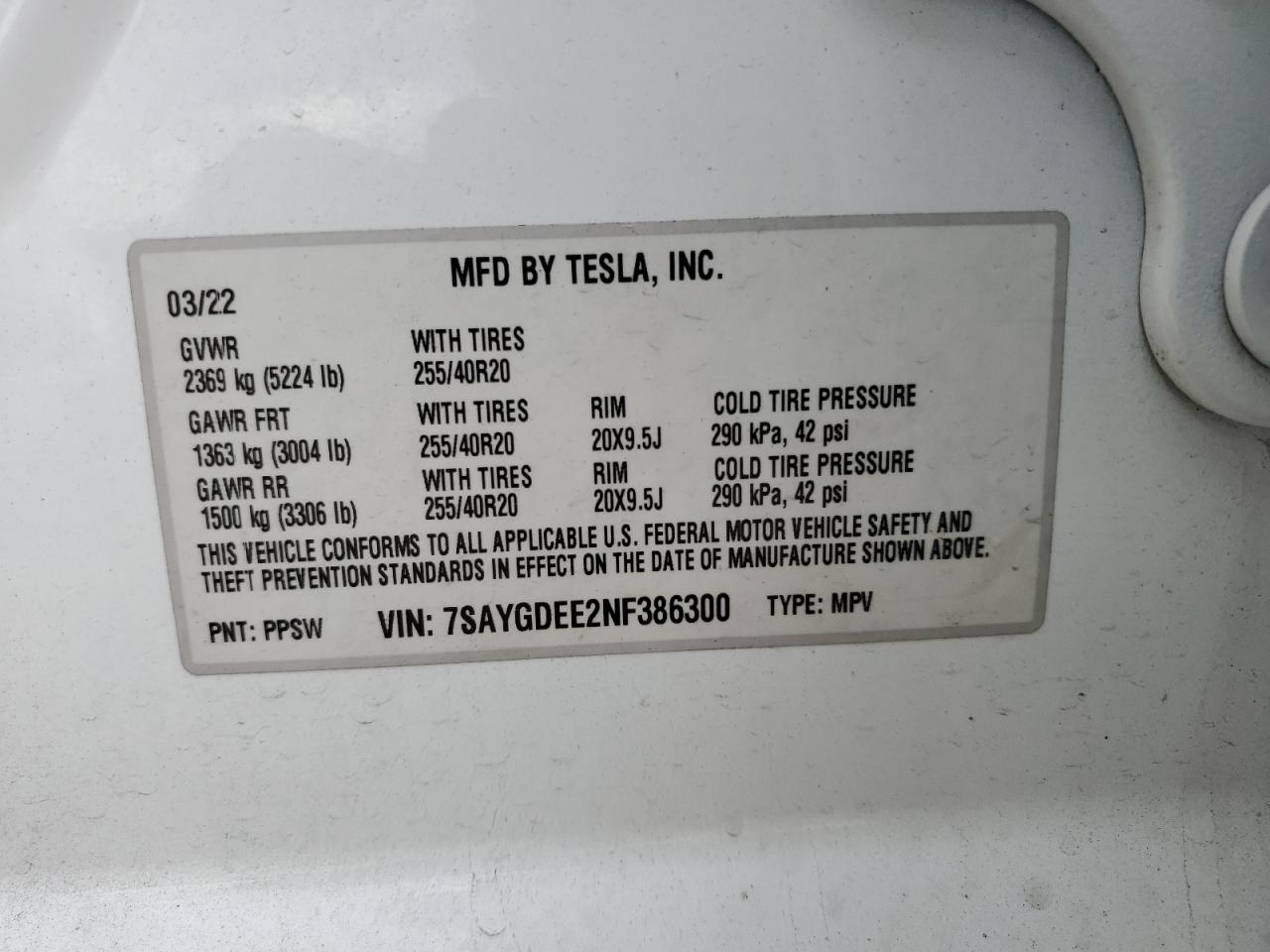 2022 Tesla Model Y VIN: 7SAYGDEE2NF386300 Lot: 50848805