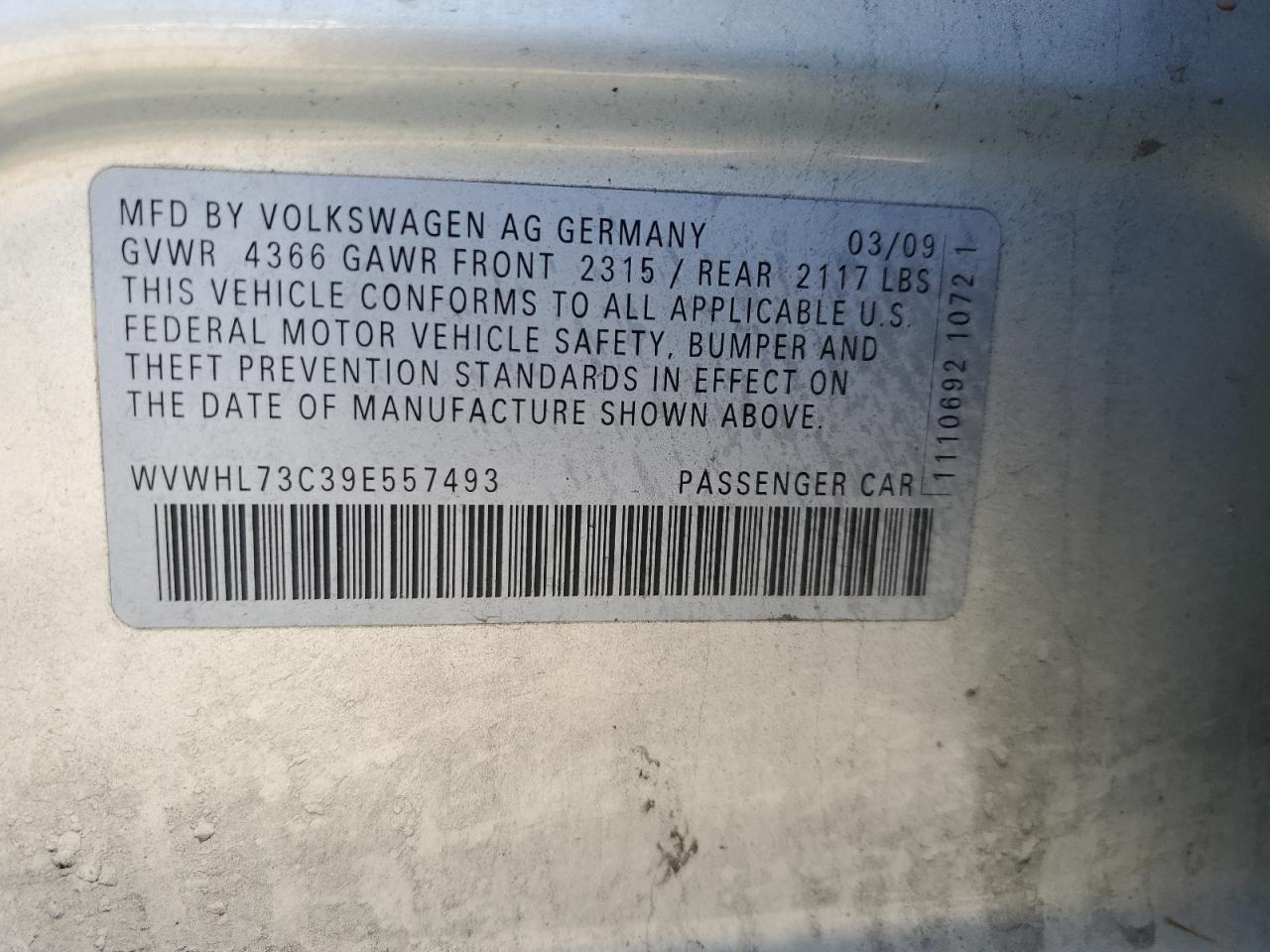2009 Volkswagen Cc Luxury VIN: WVWHL73C39E557493 Lot: 50657935