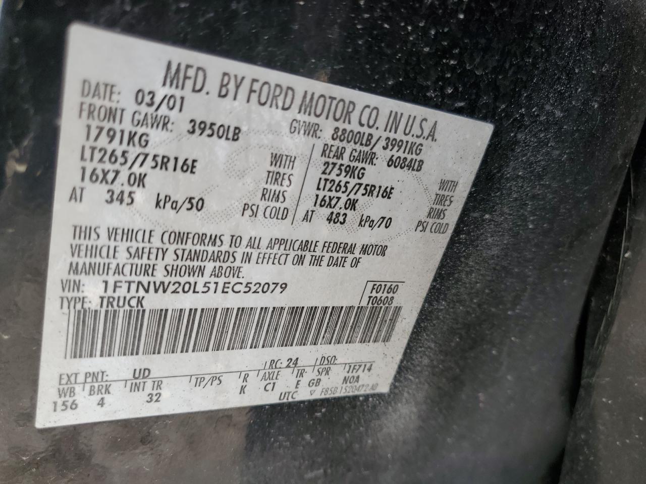 2001 Ford F250 Super Duty VIN: 1FTNW20L51EC52079 Lot: 48312935