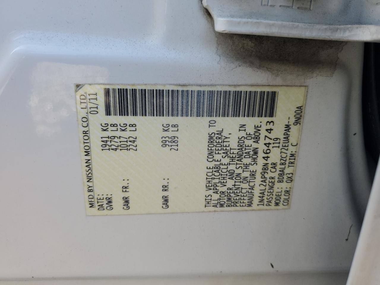 2011 Nissan Altima Base VIN: 1N4AL2AP9BN464743 Lot: 50586135