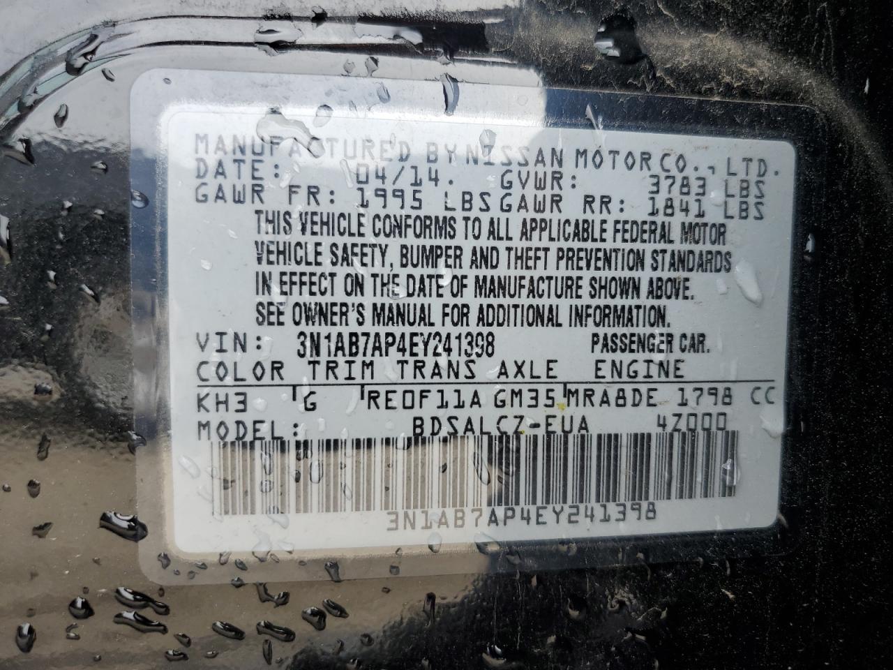 2014 Nissan Sentra S VIN: 3N1AB7AP4EY241398 Lot: 50979105