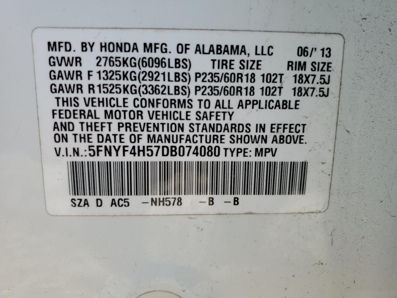 2013 Honda Pilot Exl VIN: 5FNYF4H57DB074080 Lot: 47821335