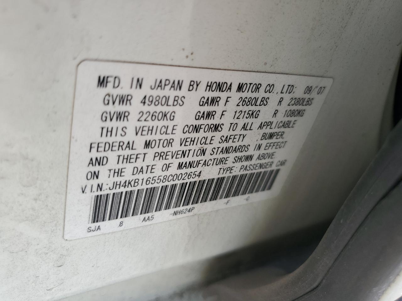 2008 Acura Rl VIN: JH4KB16558C002654 Lot: 50778375