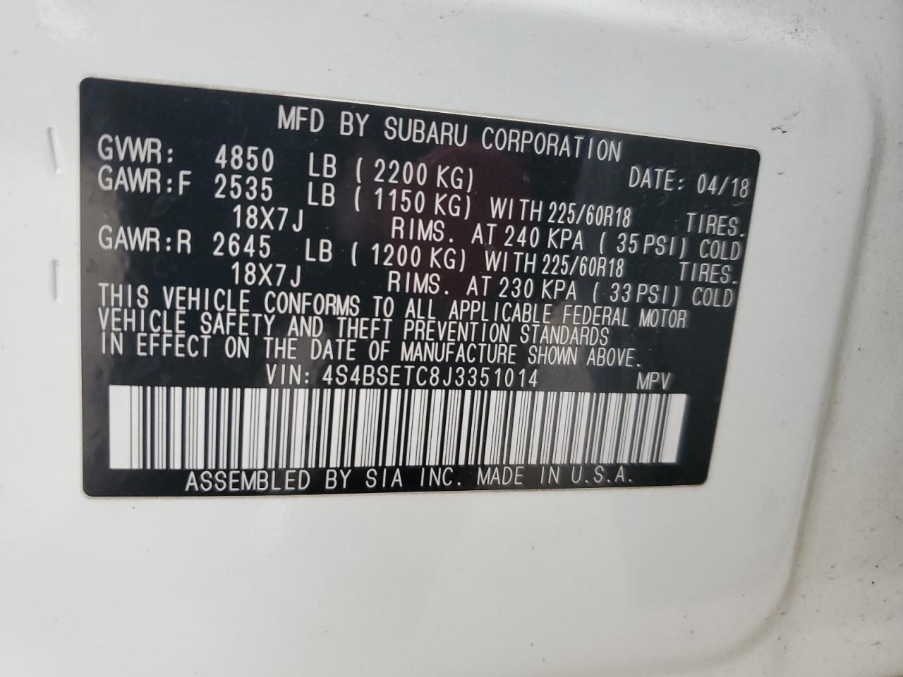 2018 Subaru Outback Touring VIN: 4S4BSETC8J3351014 Lot: 49159165