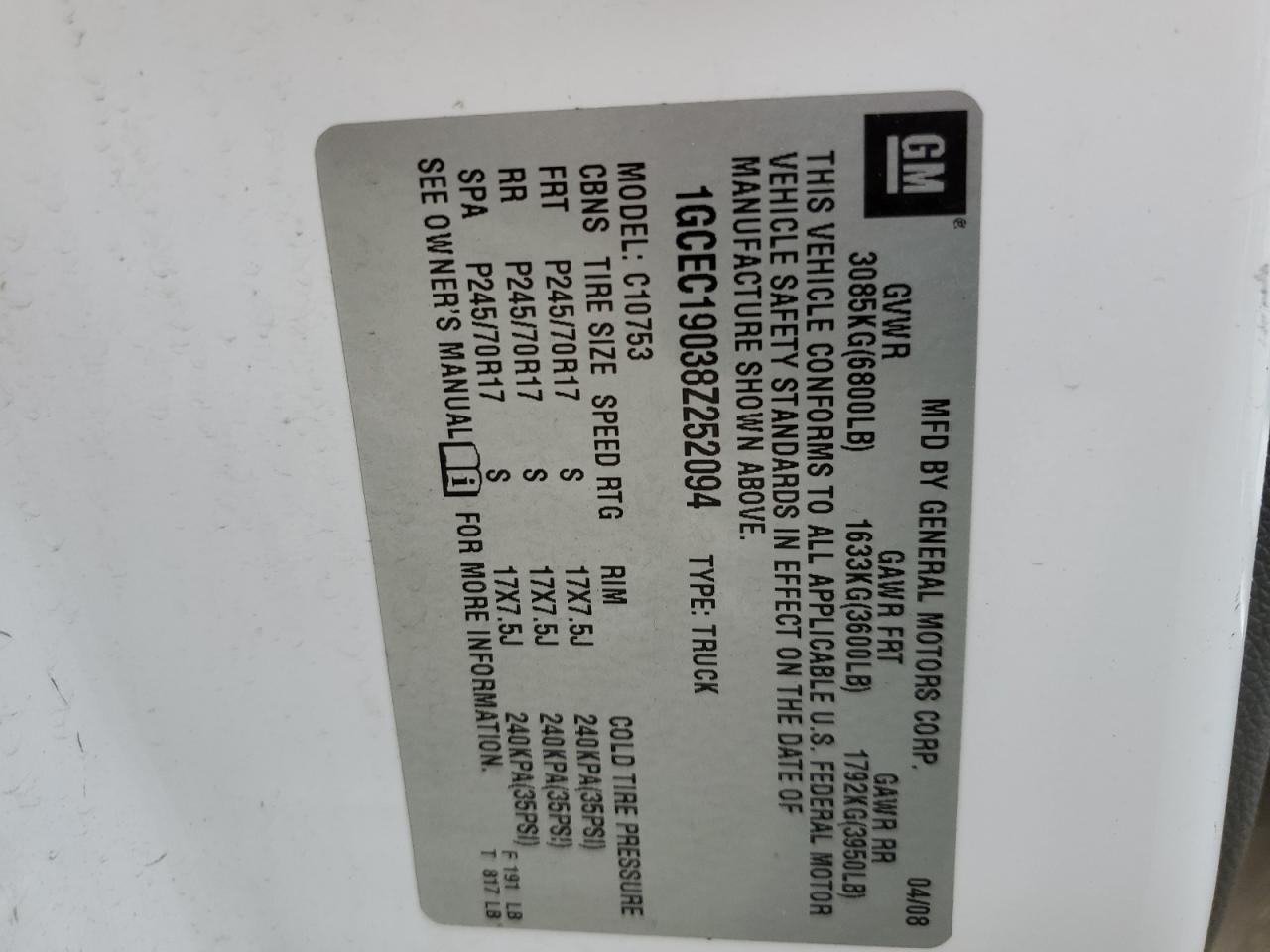 2008 Chevrolet Silverado C1500 VIN: 1GCEC19038Z252094 Lot: 53548585