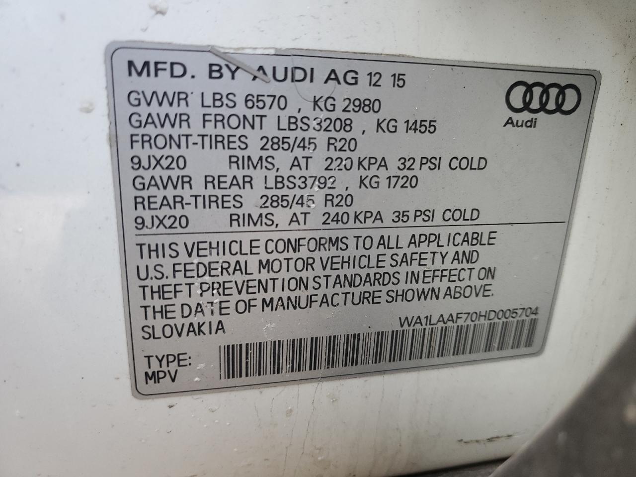 2017 Audi Q7 Premium Plus VIN: WA1LAAF70HD005704 Lot: 50722805