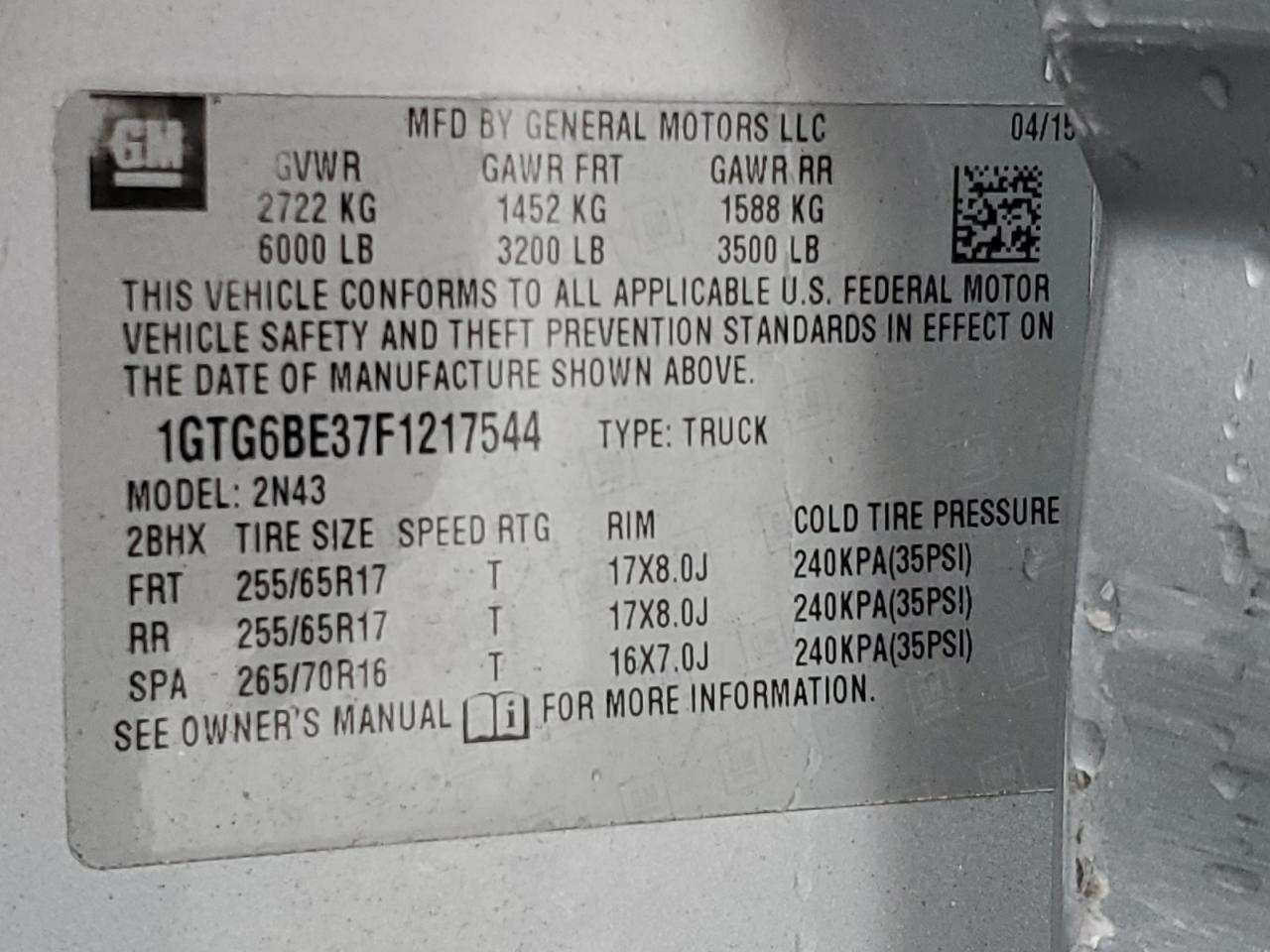 2015 GMC Canyon Sle VIN: 1GTG6BE37F1217544 Lot: 50124475