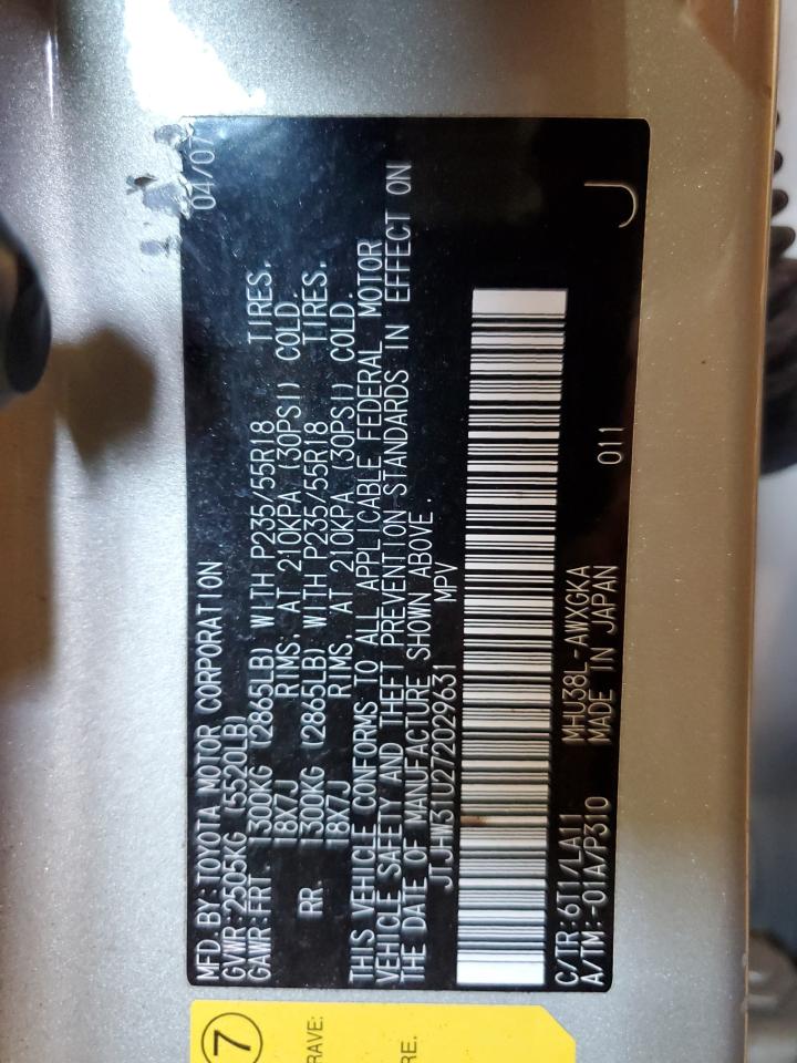 2007 Lexus Rx 400H VIN: JTJHW31U272029631 Lot: 49582665