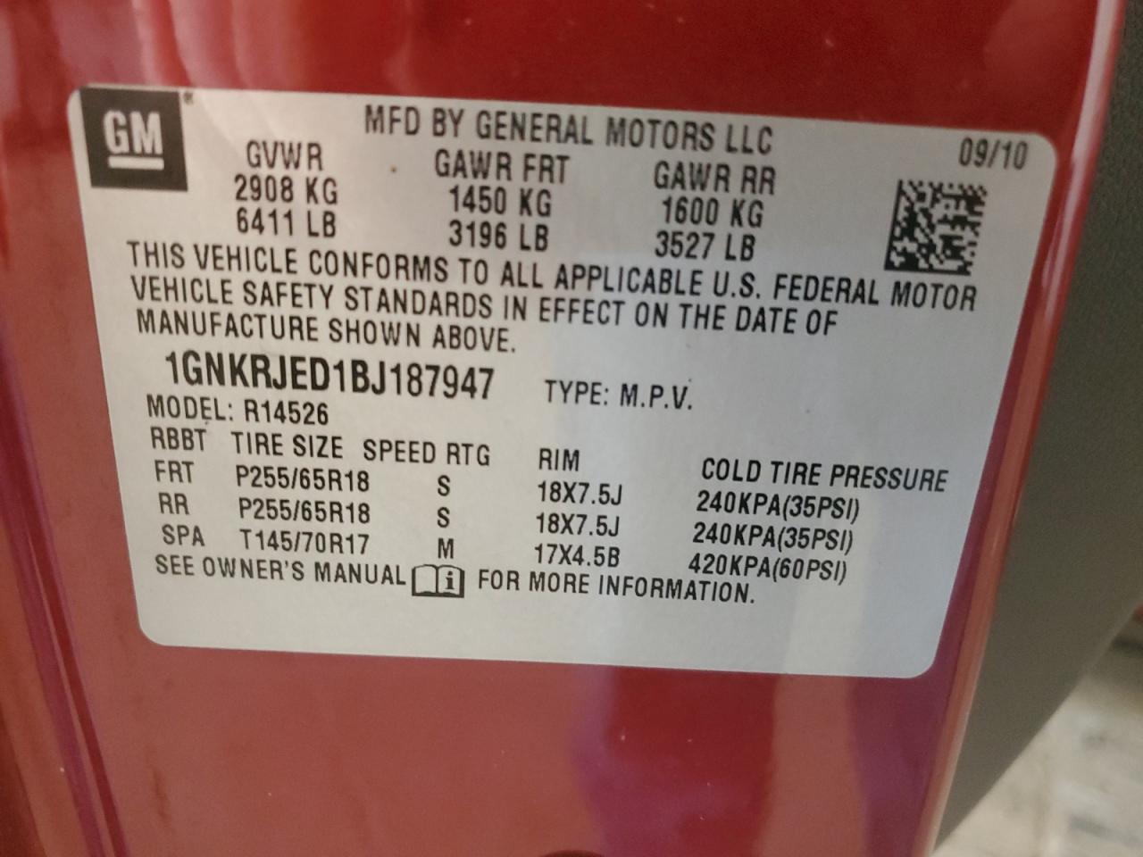 2011 Chevrolet Traverse Lt VIN: 1GNKRJED1BJ187947 Lot: 48674825