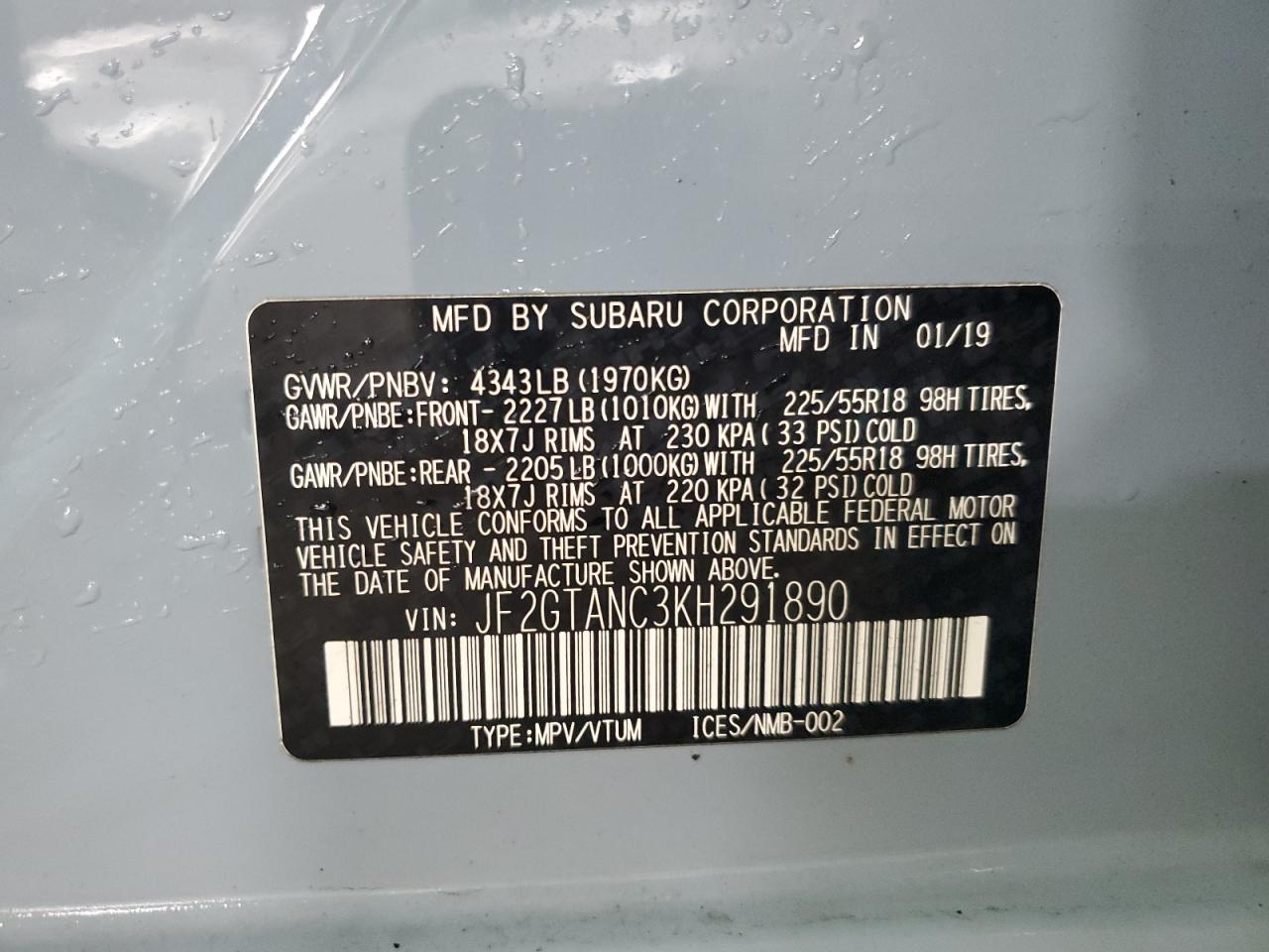 2019 Subaru Crosstrek Limited VIN: JF2GTANC3KH291890 Lot: 50654075