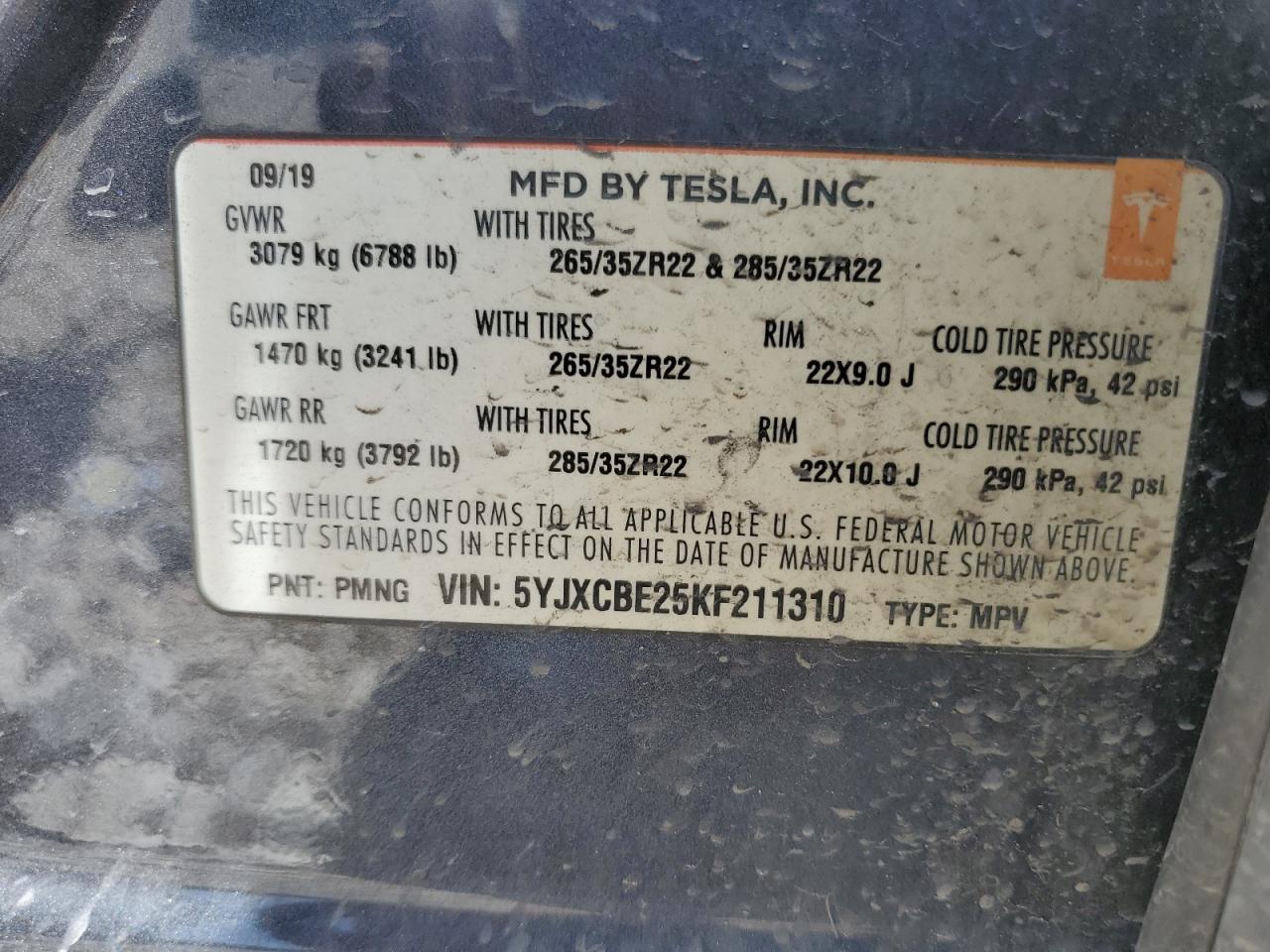 2019 Tesla Model X VIN: 5YJXCBE25KF211310 Lot: 49853035