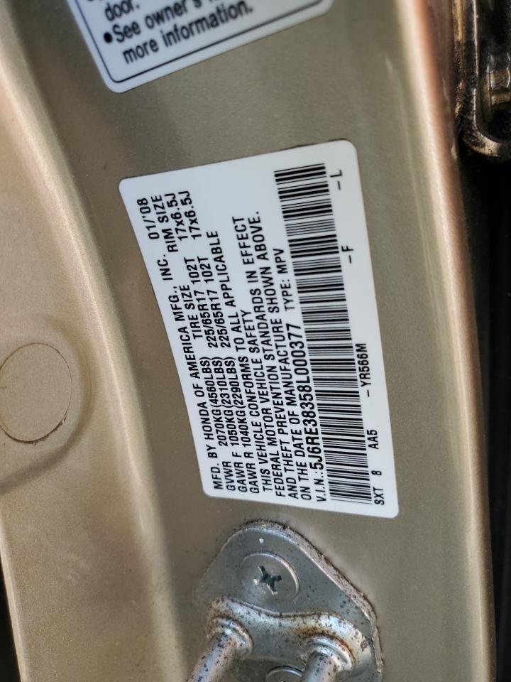 2008 Honda Cr-V Lx VIN: 5J6RE38358L000377 Lot: 51348365