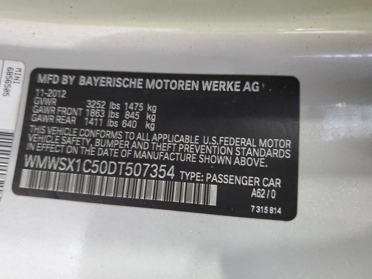 2013 Mini Cooper Coupe VIN: WMWSX1C50DT507354 Lot: 48070765