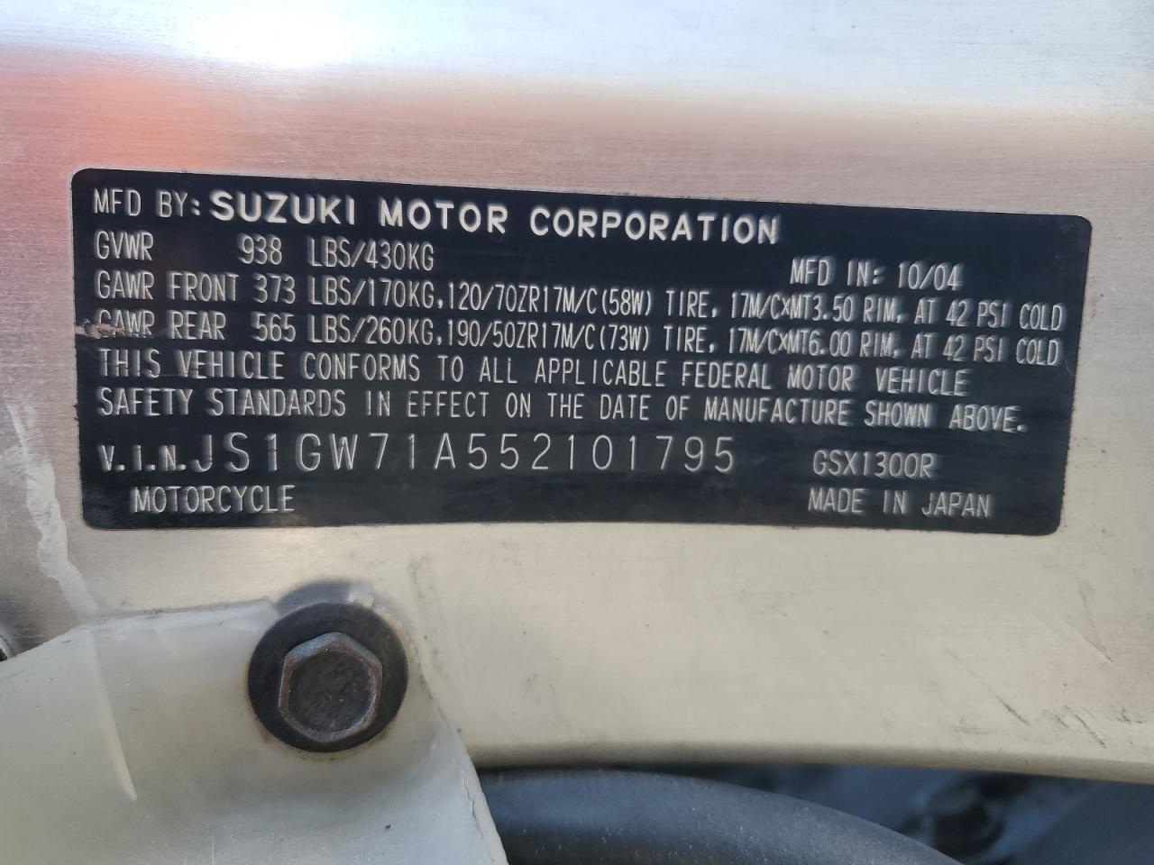 2005 Suzuki Gsx1300 Rk5 VIN: JS1GW71A552101795 Lot: 48070665