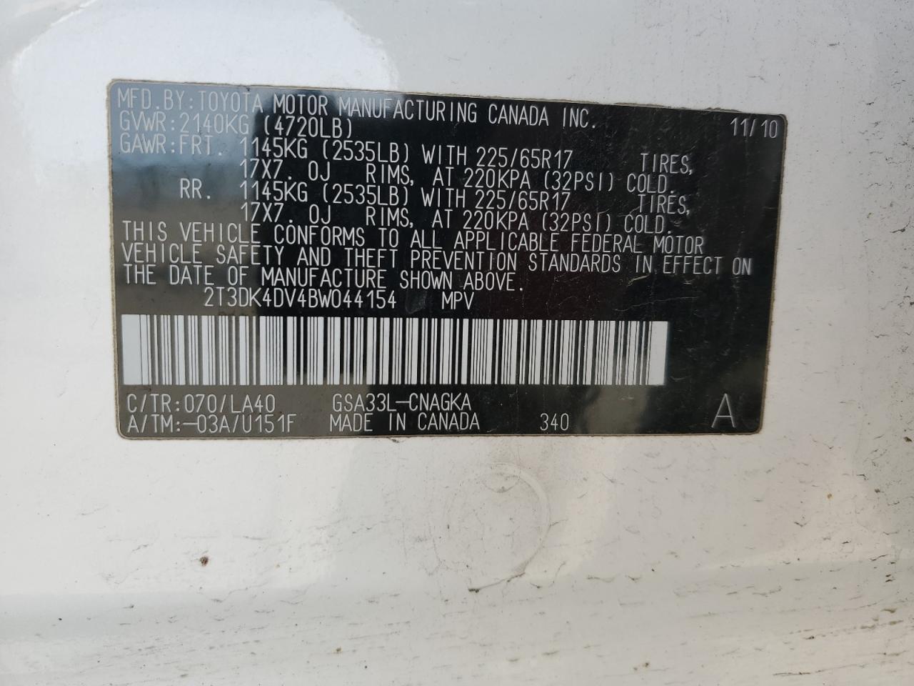 2011 Toyota Rav4 Limited VIN: 2T3DK4DV4BW044154 Lot: 49908955