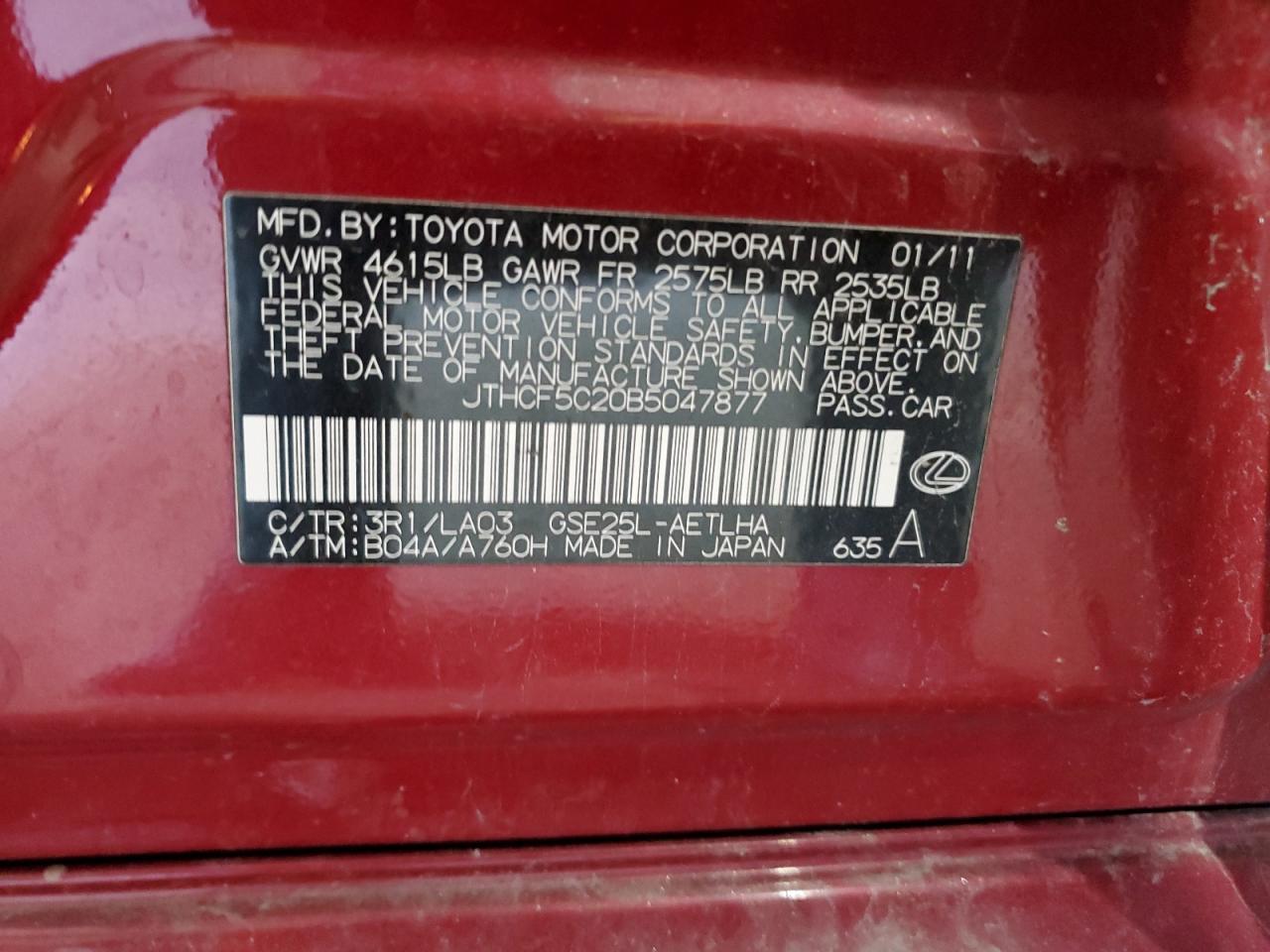 2011 Lexus Is 250 VIN: JTHCF5C20B5047877 Lot: 50927545